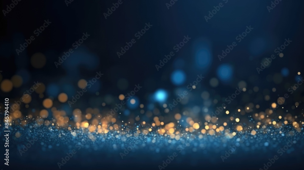 Poster the picture of vague visual of sparkling particles scattered across a deep blue and gold background,