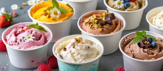 Variety of Handcrafted Takeaway Ice Cream Tubs with Fresh Ingredients such as Raspberry, Pistachio, Bubblegum, Caramel, Chocolate, Hazelnut, and Lemon