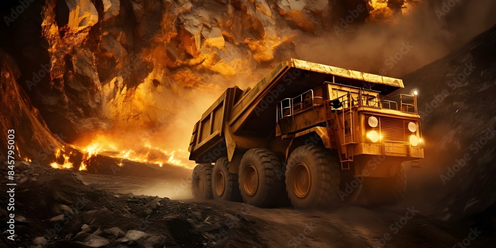 Poster visual representation of open pit mining with a big yellow dump truck. concept mining operations, he
