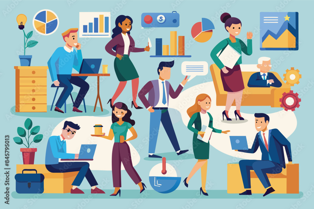 Poster an illustration featuring a diverse group of professionals working in an office setting. they are co