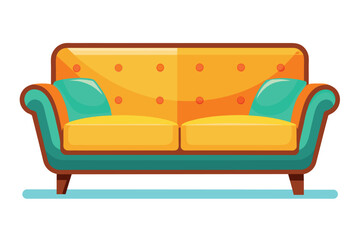 An illustration of a yellow couch with teal cushions and legs, sitting on a light blue rug.