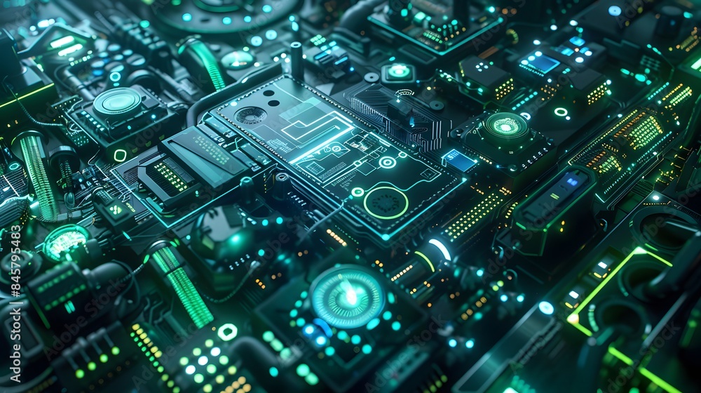 Poster a close-up of a glowing circuit board, showcasing the intricate design and advanced technology of el