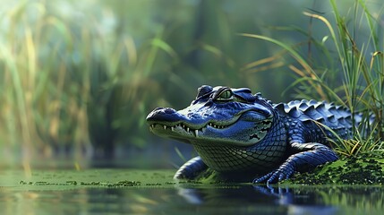 Fototapeta premium Alligator on grass and background water