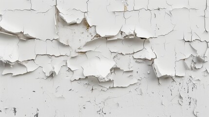 Close-up of peeling white paint on an old wall, revealing texture and decay of aged surface creating an abstract, rustic, and vintage look.