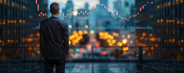 Man looking at cityscape with financial charts overlay