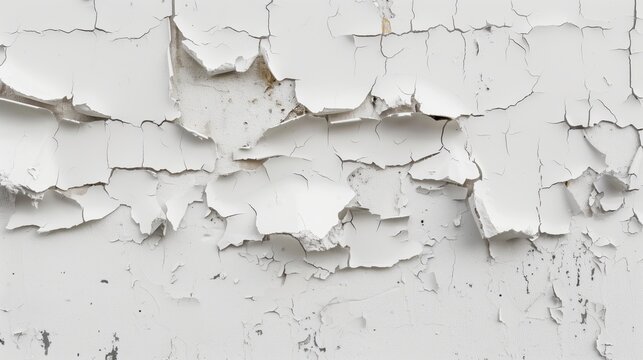Close-up of peeling white paint on an old wall, revealing texture and decay of aged surface creating an abstract, rustic, and vintage look.