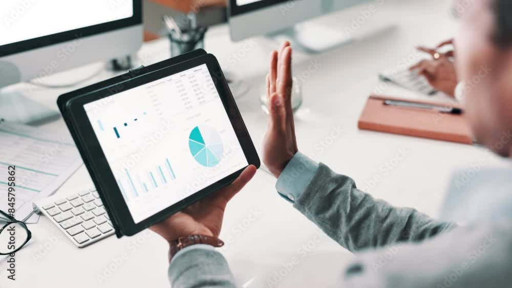 Poster tablet, screen and hand of businessman with graph, chart and data analytics in office for startup, p