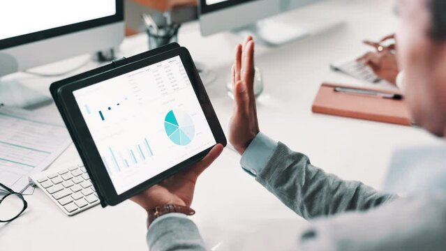 Tablet, screen and hand of businessman with graph, chart and data analytics in office for startup, profit or website traffic analysis. Digital, statistics and entrepreneur with stocks market research