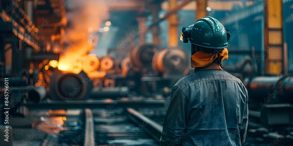 Wall mural Steel mill worker safety concerns roles responsibilities shifts machinery handling union wages. Concept Worker safety, Roles & responsibilities, Shift schedules, Machinery handling, Union wages - Wall murals