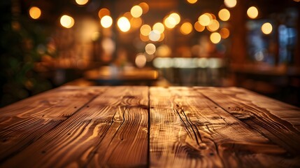A rustic wooden table surface with warm, blurred bistro lighting in the background, creating a cozy, inviting atmosphere.