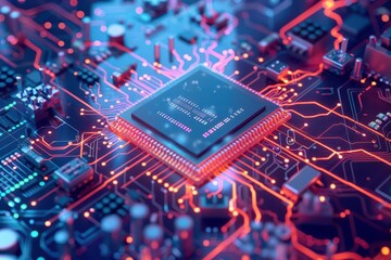 Fototapeta premium abstract quantum computing technology background with processor chip and electronic circuit artificial neurons and global data connections 3d illustration