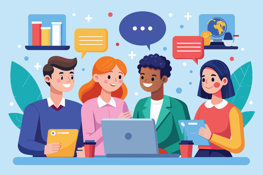 An illustration of four diverse team members working together in an office setting. They are using a laptop, tablets, and other tools to collaborate on a project.