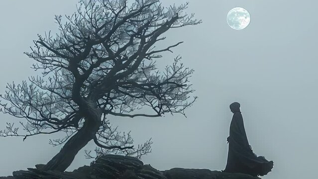 Silhouette of a witch against the backdrop of a huge full moon. The sky is filled with mystical light, a magical magical atmosphere.