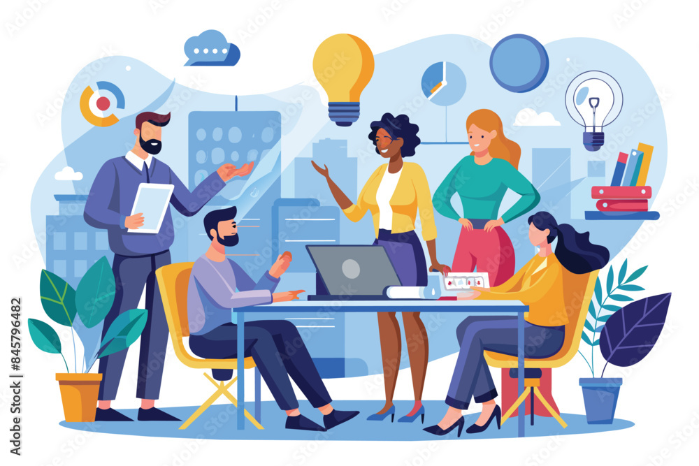 Poster a team of four diverse individuals works on a project in an office setting. they are discussing idea