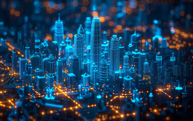 Wireframe hologram of buildings with glowing blue lines forming intricate patterns around its iconic structure against an isolated dark background. Architecture design of urban city