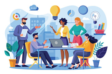 A team of four diverse individuals works on a project in an office setting. They are discussing ideas and data while using a laptop and other materials.