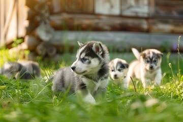 Fototapeta premium adorable alaskan malamute puppies playing in grassy yard by wooden cabin cute dog photography