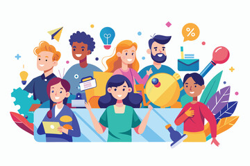 Fototapeta premium A colorful illustration of a diverse group of people working together on a business project. They are all smiling and appear to be enjoying their work.