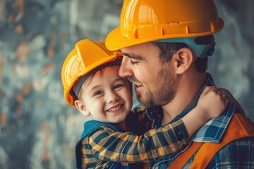 adorable father and son construction duo in matching hard hats and overalls playful bonding moment studio portrait