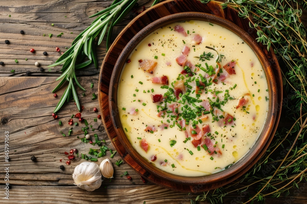 Canvas Prints Bacon and herb cheese soup on wooden backdrop