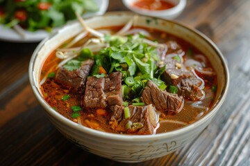 Beef rice vermicelli soup from Hue Vietnam known as Bun Bo Hue