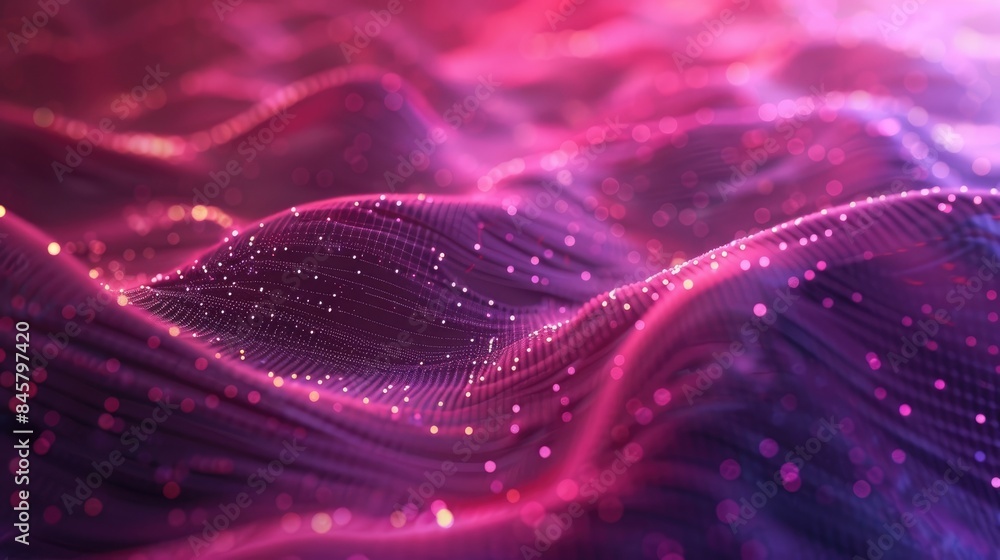 Poster dynamic wave of particles in abstract gradient hologram background of digital technology