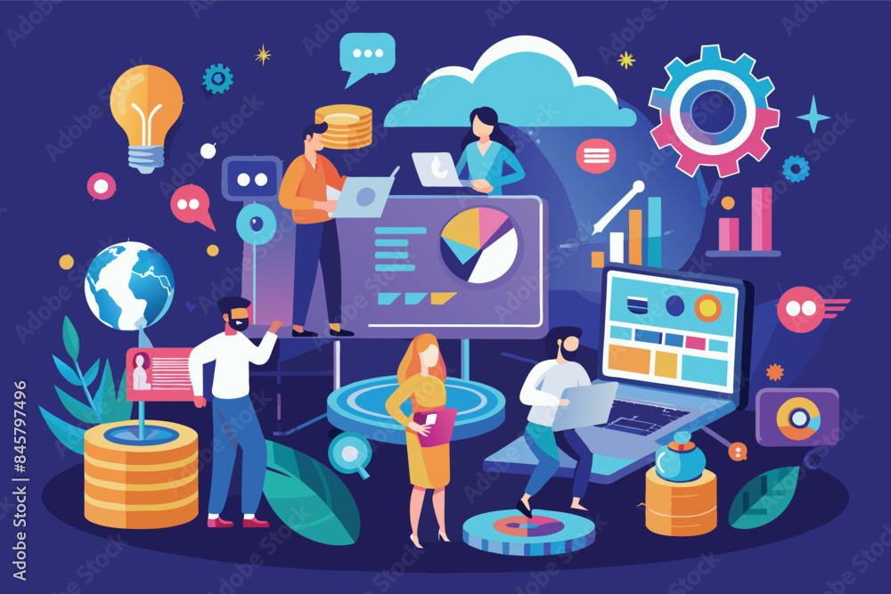 Poster illustration depicting a team of individuals working together on data analysis, utilizing cloud comp