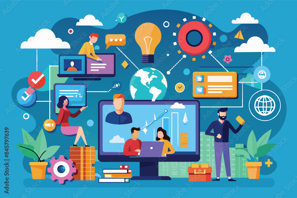 Poster illustration of a business team working together on a global project using technology. people are us