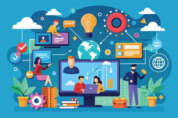 Obraz premium Illustration of a business team working together on a global project using technology. People are using computers, smartphones, and collaborating online.
