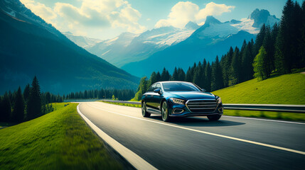 Luxury sedan driving on a scenic mountain road with panoramic views of alpine peaks and lush green forests in a tranquil summer travel adventure