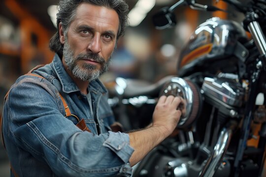 Experienced mechanic polishing motorcycle chrome