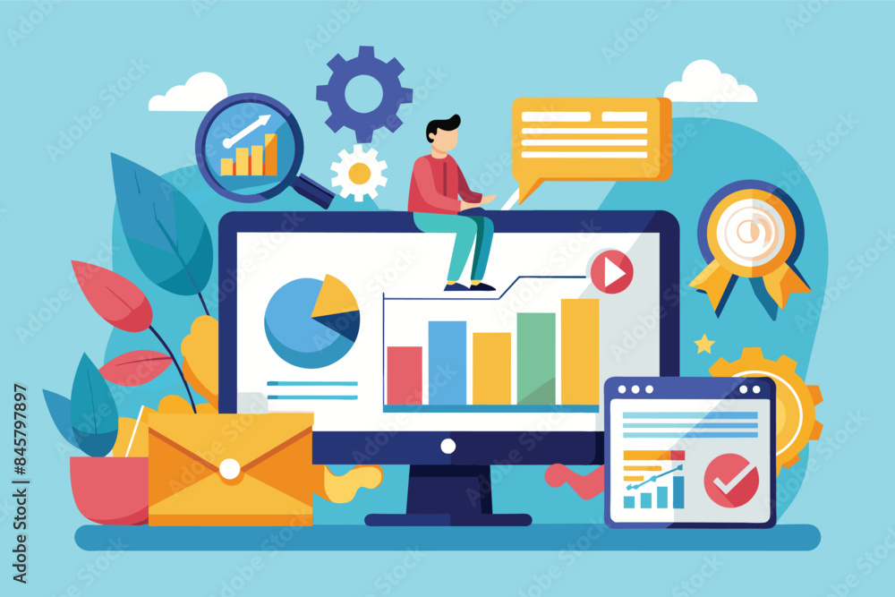 Aufkleber an illustration of a digital marketing strategy analysis and planning session, featuring a person re