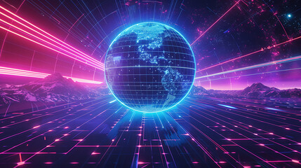 Obraz premium Retro Synthwave Digital Artwork with Futuristic Globe