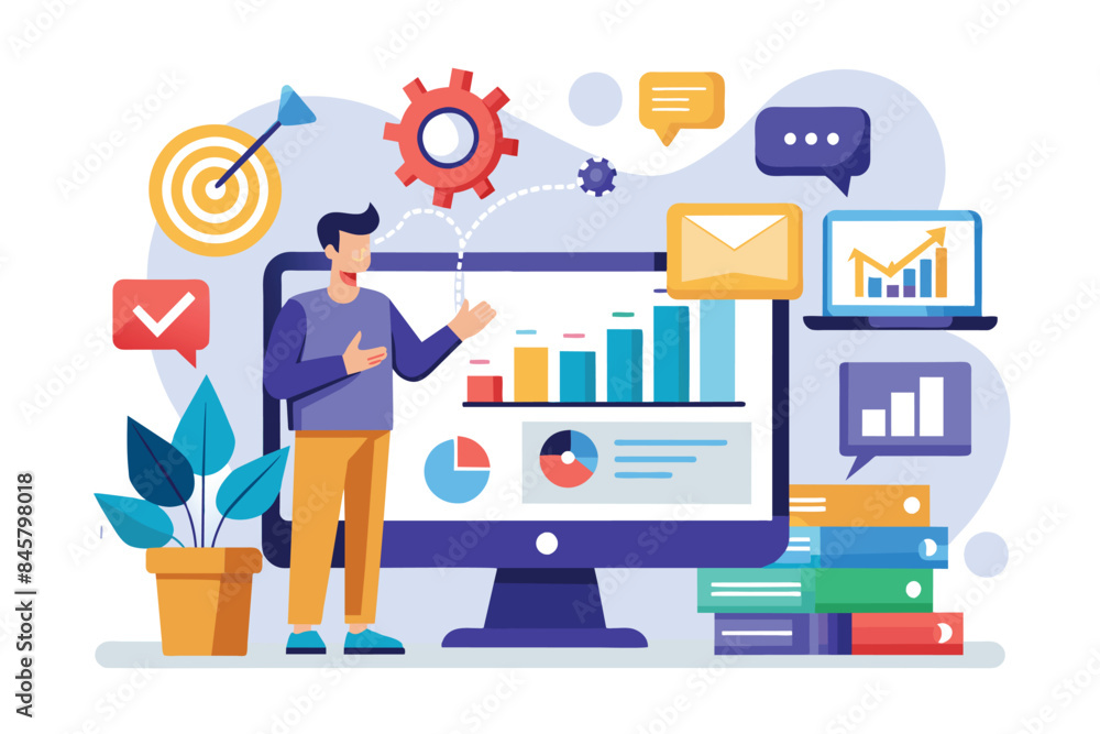 Poster an illustration depicting a man presenting data analysis on a desktop computer. surrounding him are 