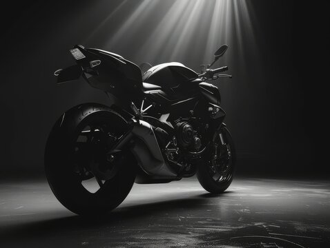 Motorcycle silhouette in low light on dark background. Minimalistic black and white contrast, clean lines, high resolution, detailed product photography.