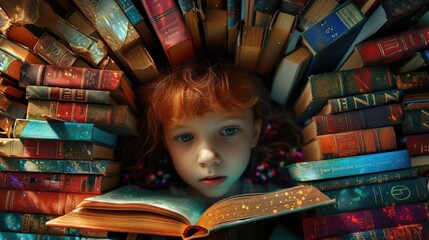 Close up of attractive child reading a book while looking at camera. Elementary student holding fairy tale novel book or bedtime stories surrounded by various book. Creative activity concept. AIG42. © InfiniteFlow
