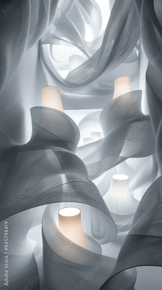 Poster black and white abstract composition with smooth, wavy lines and translucent forms, movement and lig