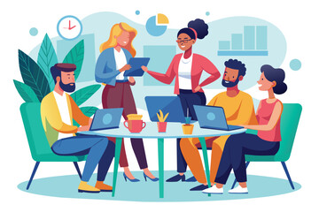 Obraz premium An illustration depicting a diverse team of coworkers collaborating around a table in a modern office setting.