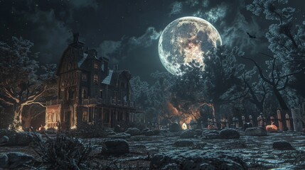 Haunted House Under Full Moon with Spooky Atmosphere - Generative AI