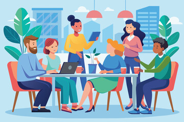 Fototapeta premium A group of diverse individuals gather around a table in a modern office setting, engaging in a lively discussion.