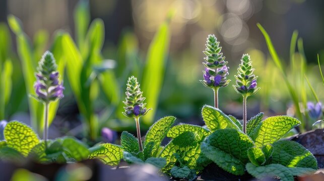 The Initial Emergence of Lavender Leaf Stachys Green Foliage in a Spring Flower Bed captured up close with Bokeh Effect