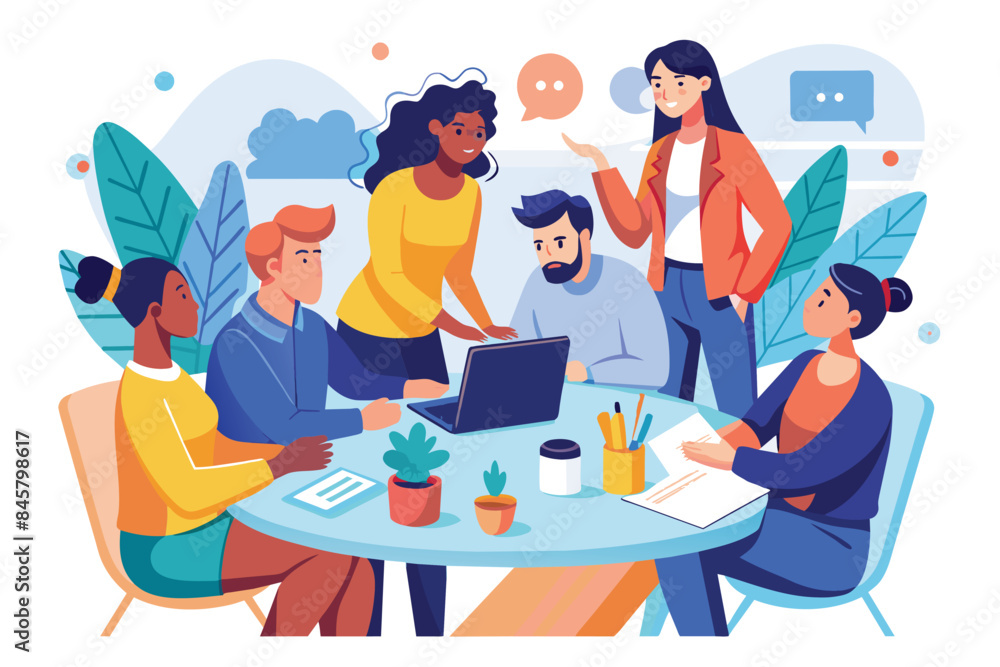 Poster a diverse group of professionals are gathered around a table, working together on a project. one per