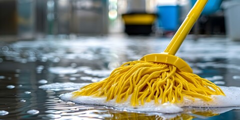 Cleaning a Soapy Wet Floor Low Angle View of Yellow Mop in Action. Concept Cleaning, Soapy Wet Floor, Low Angle View, Yellow Mop, Action