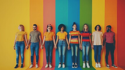 Obraz premium Diverse people holding hands on rainbow wall lgbtq pride solidarity human equality inclusion unity