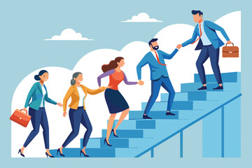 Obraz premium A group of businesspeople are climbing stairs together, helping each other along the way.