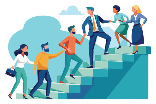 An illustration of a diverse team of people climbing stairs together, helping each other up, symbolizing teamwork, collaboration, and shared success.