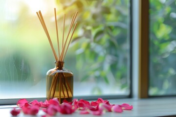 Brown glass bottle with wood stick diffusers on wooden window sill with pink rose petals for decoration Minimalist air freshener idea