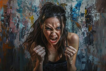 Fototapeta premium angry woman expressing rage with clenched fists powerful emotional portrait