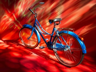 Fototapeta premium Bicycle in fashion pose on red background, rich colors, dramatic light, fantasy art, surrealism.