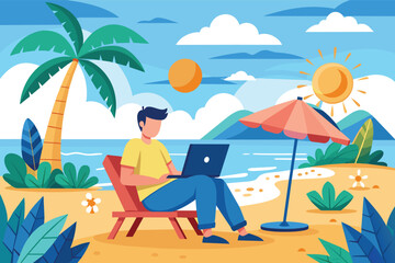 A man works on his laptop while sitting on a beach chair under a beach umbrella on a sunny day.